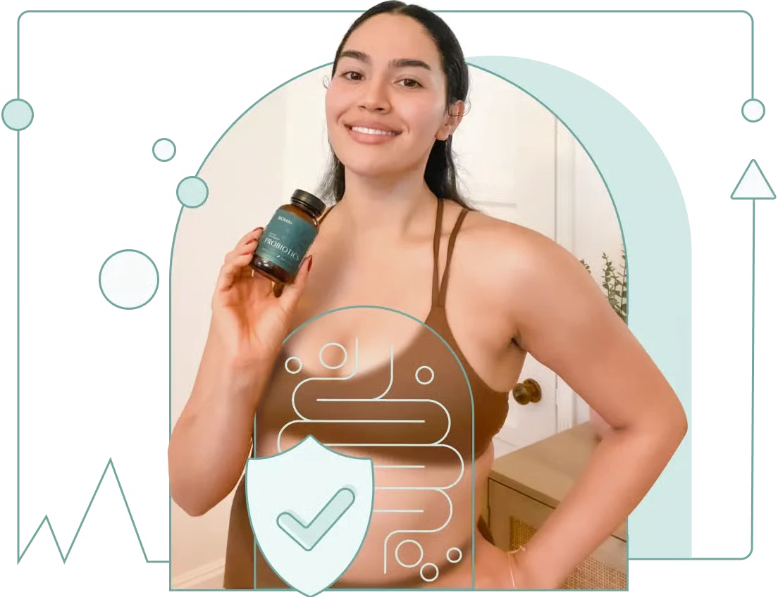 Woman showing Bioma Probiotics in is hand